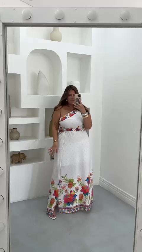 Vestido Longo Tropical Transpassado com Bojo e Forro